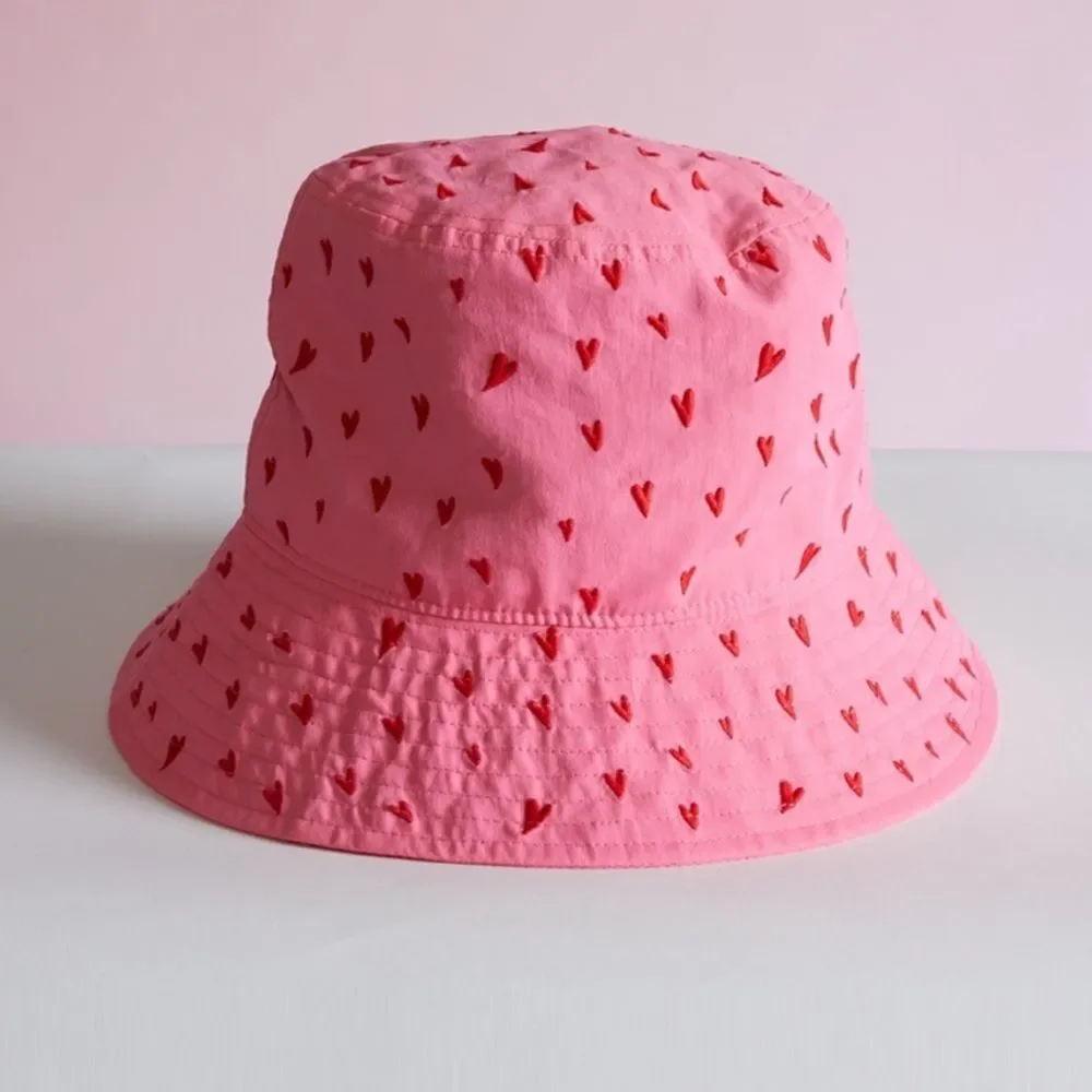 Cynthia Rowley Sweetheart Embroidered Bucket Hat Pink Red Hearts